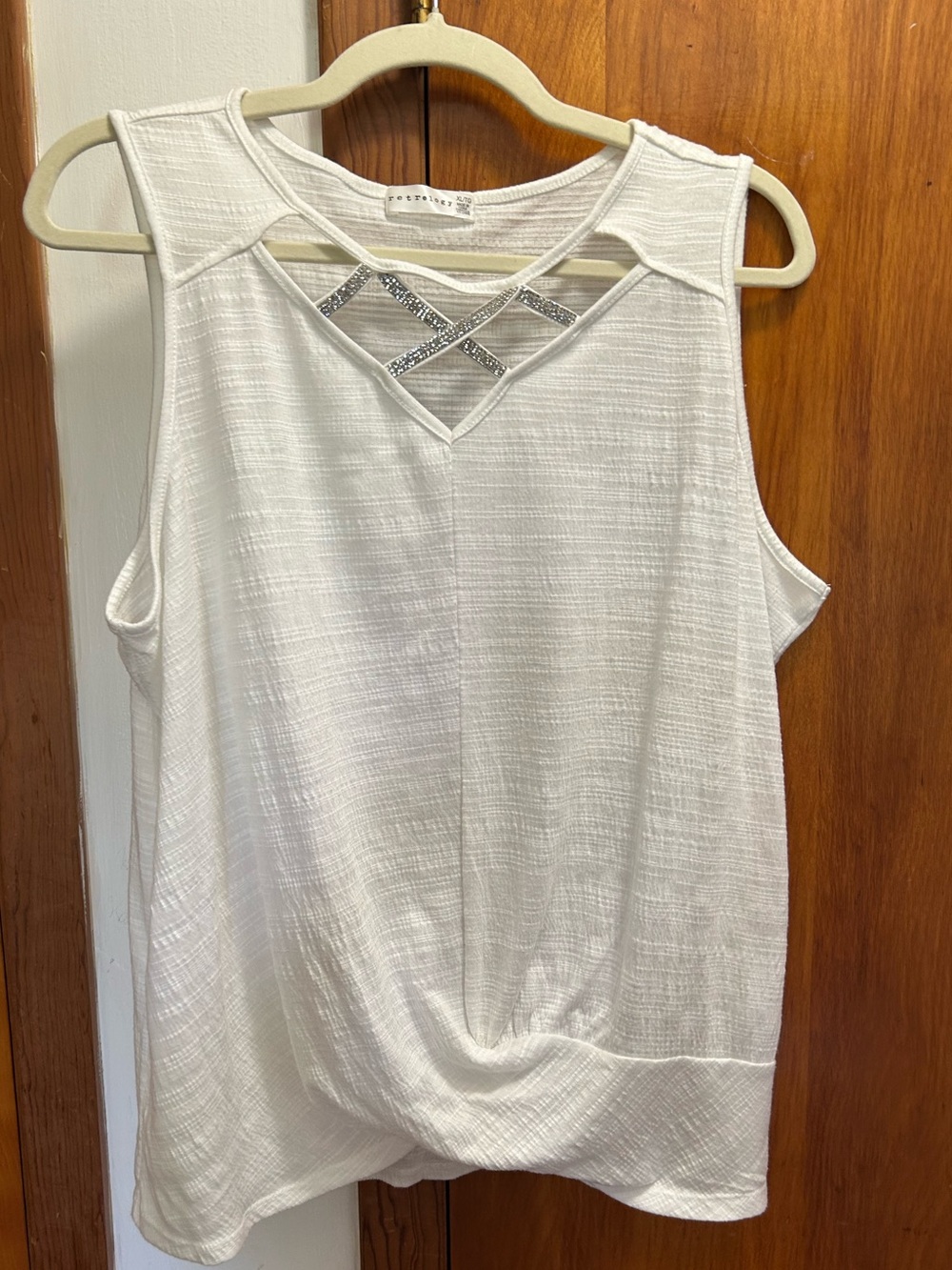Retrology White Sleeveless Tank with Decorative Crisscross Neckline